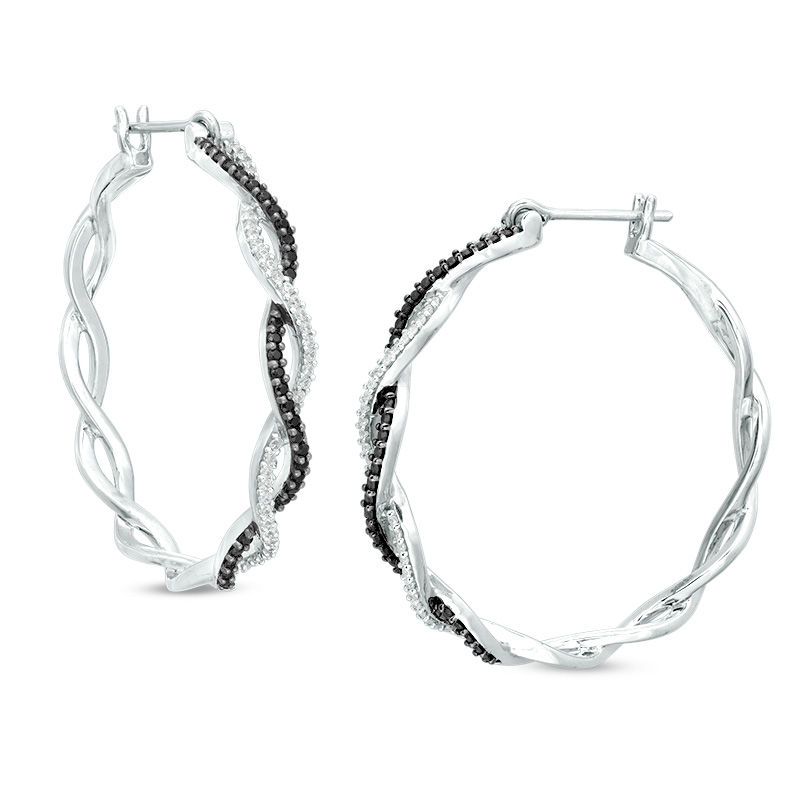 Main Image 1 of 1/2 CT. T.W. Enhanced Black and White Diamond Twist Hoop Earrings in Sterling Silver