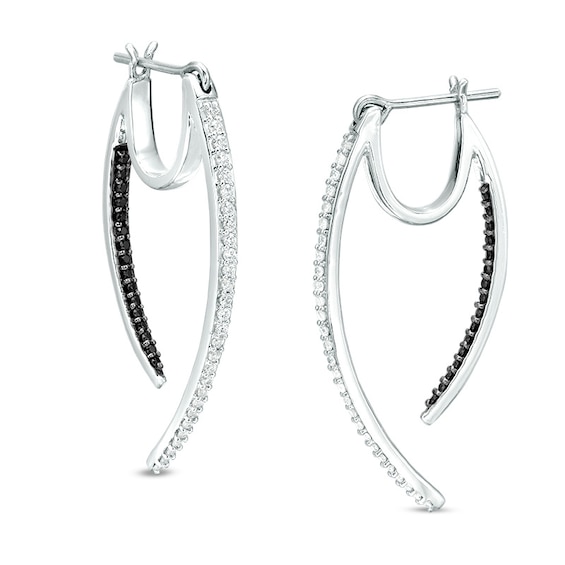 1/2 CT. T.w. Enhanced Black and White Diamond Tapered Curve Front/Back Earrings in Sterling Silver