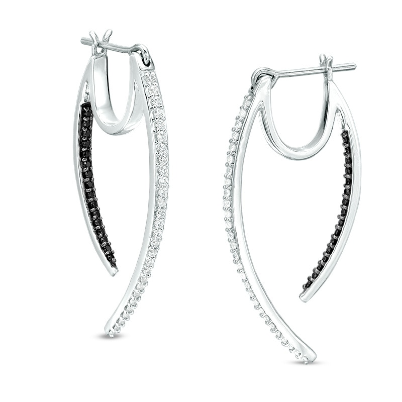 Main Image 1 of 1/2 CT. T.W. Enhanced Black and White Diamond Tapered Curve Front/Back Earrings in Sterling Silver