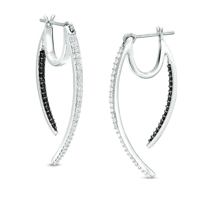 1/2 CT. T.W. Enhanced Black and White Diamond Tapered Curve Front/Back Earrings in Sterling Silver