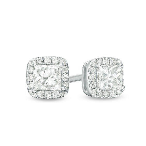 1/2 CT. T.w. Princess-Cut Diamond Cushion Frame Stud Earrings in 14K White Gold