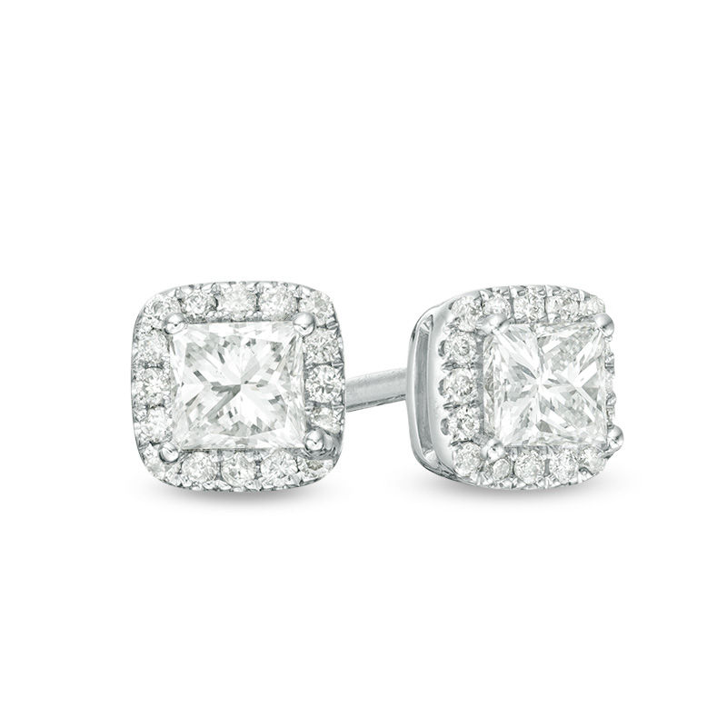 Main Image 1 of 1/2 CT. T.W. Princess-Cut Diamond Cushion Frame Stud Earrings in 14K White Gold