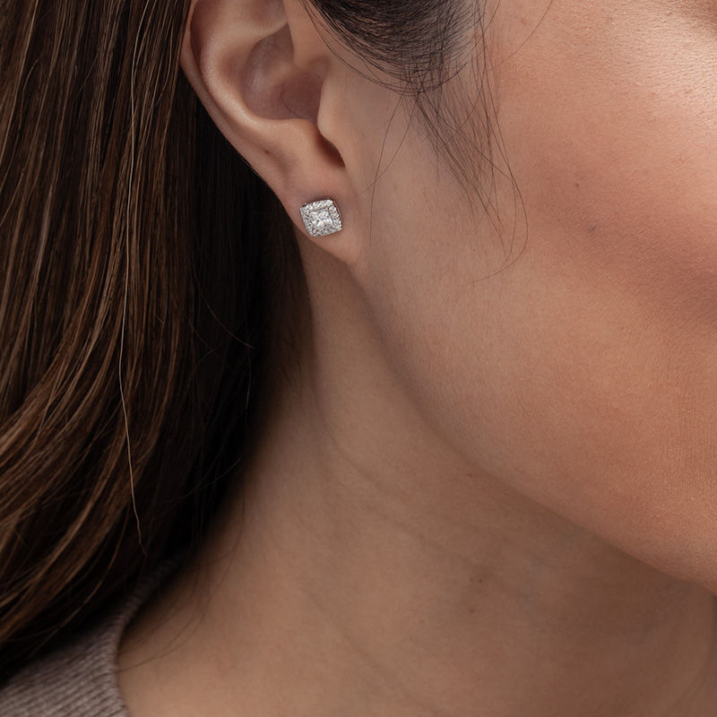 Main Image 2 of 1 CT. T.W. Princess-Cut Diamond Frame Stud Earrings in 14K White Gold