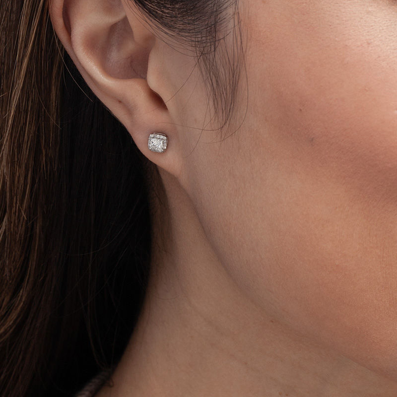 Main Image 2 of 1/2 CT. T.W. Certified Princess-Cut Diamond Frame Stud Earrings in 14K White Gold (I/SI2)