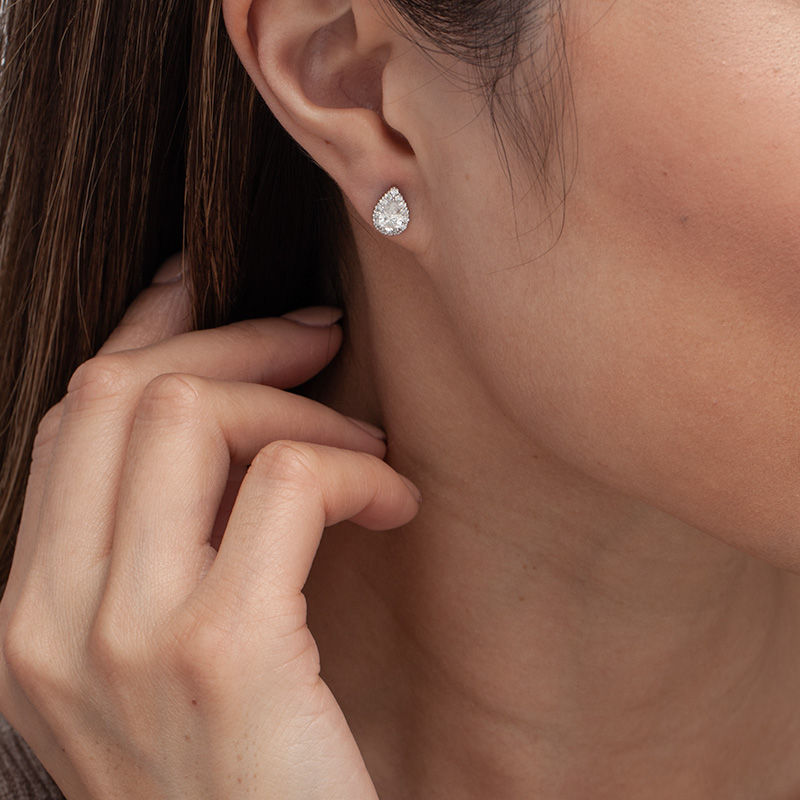 1 CT. T.W. Certified Pear-Shaped Diamond Frame Stud Earrings in 14K White Gold (I/SI2)