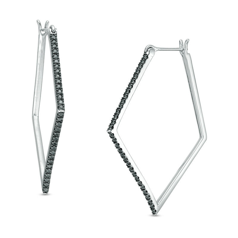 Main Image 1 of 1/2 CT. T.W. Black Diamond Kite-Shaped Hoop Earrings in Sterling Silver