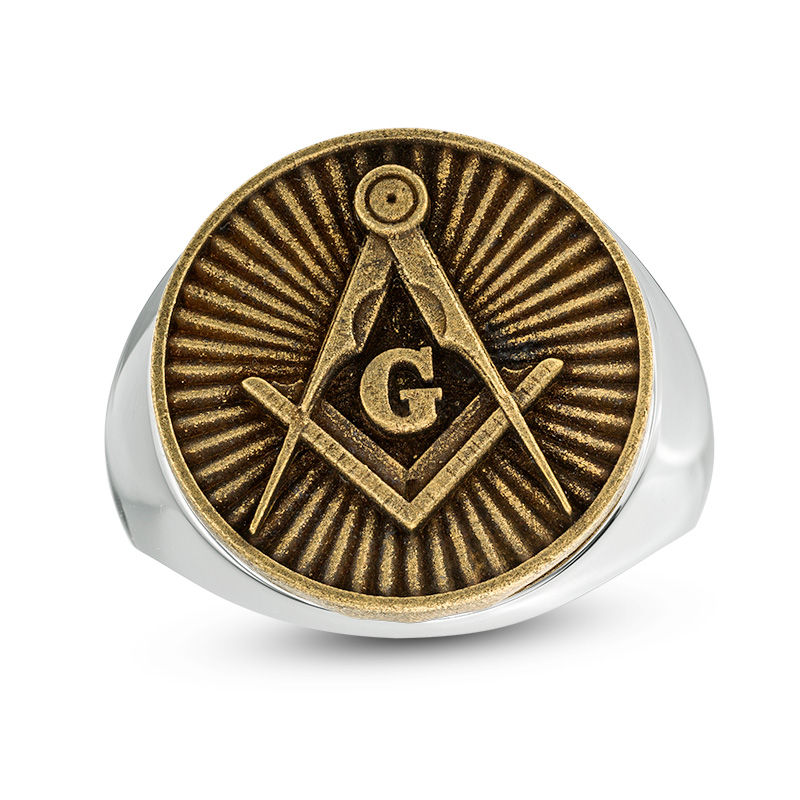 Men's Masonic Antique-Finished Signet Ring in Sterling Silver and Bronze