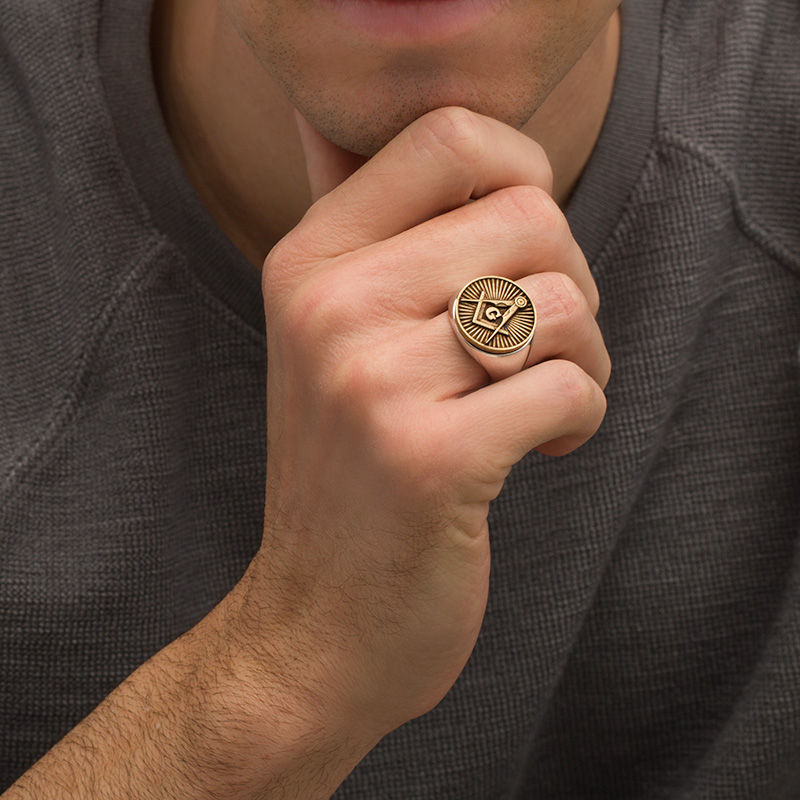 Men's Masonic Antique-Finished Signet Ring in Sterling Silver and Bronze