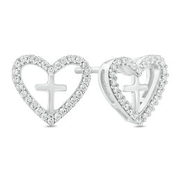1/10 CT. T.W. Diamond Heart Outline with Cross Stud Earrings in Sterling Silver