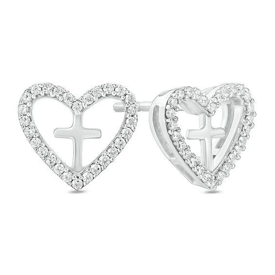 1/10 CT. T.w. Diamond Heart Outline with Cross Stud Earrings in Sterling Silver