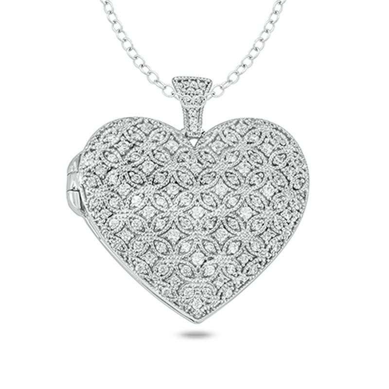 Main Image 1 of 7/8 CT. T.W. Diamond Lattice Heart Vintage-Style Locket in Sterling Silver