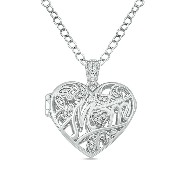 Main Image 1 of 1/10 CT. T.W. Diamond "Mom" Vintage-Style Heart Locket in Sterling Silver