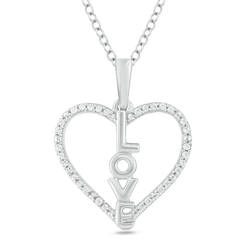 Main Image 1 of 1/10 CT. T.W. Diamond Vertical &quot;LOVE&quot; Heart Outline Pendant in Sterling Silver