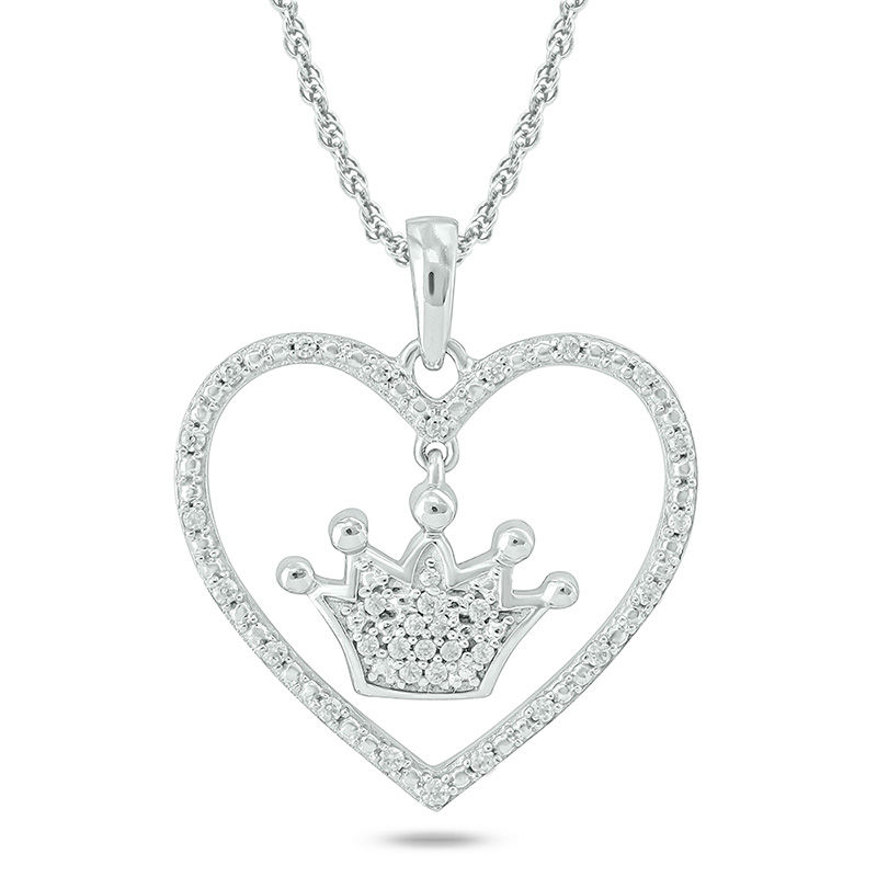 1/10 CT. T.W. Diamond Heart Outline with Crown Drop center Pendant in 10K White Gold