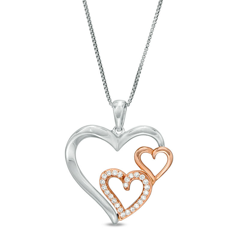 Main Image 1 of 1/8 CT. T.W. Diamond Triple Heart Pendant in Sterling Silver and 10K Rose Gold