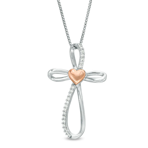 1/10 CT. T.w. Diamond Heart Center and Loop Cross Pendant in Sterling Silver and 10K Rose Gold