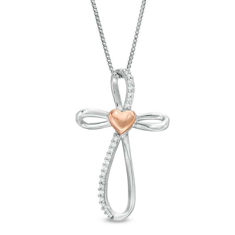 Main Image 1 of 1/10 CT. T.W. Diamond Heart Center and Loop Cross Pendant in Sterling Silver and 10K Rose Gold