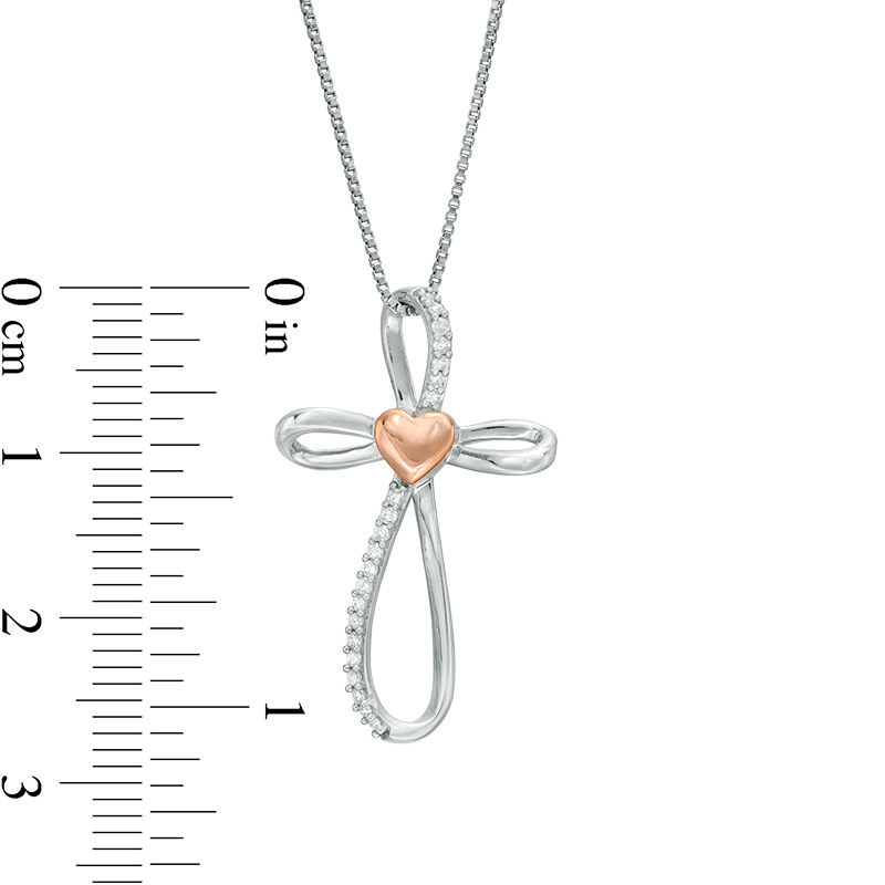 Main Image 3 of 1/10 CT. T.W. Diamond Heart Center and Loop Cross Pendant in Sterling Silver and 10K Rose Gold