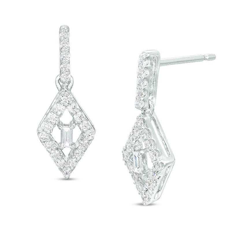Main Image 1 of 1/2 CT. T.W. Baguette and Round Diamond Kite-Shaped Drop Earrings in 10K White Gold