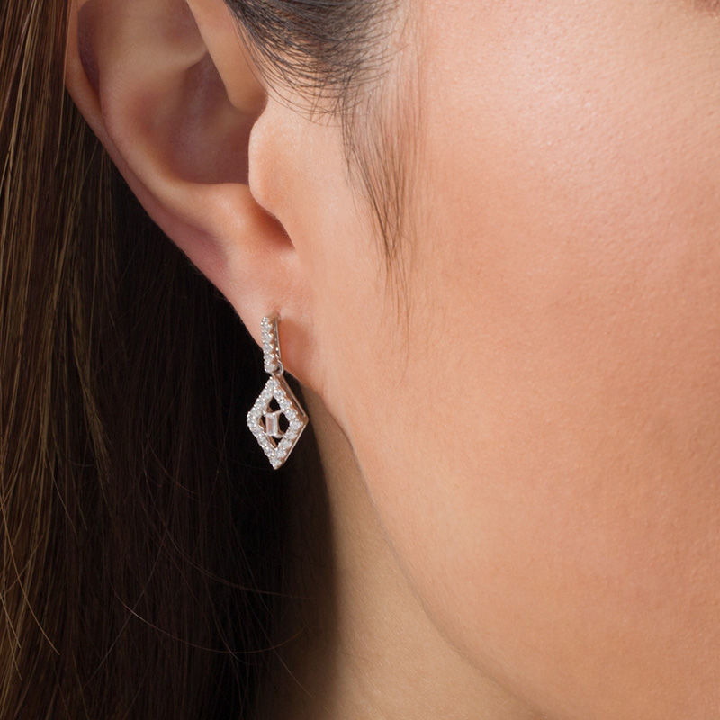 Main Image 2 of 1/2 CT. T.W. Baguette and Round Diamond Kite-Shaped Drop Earrings in 10K White Gold