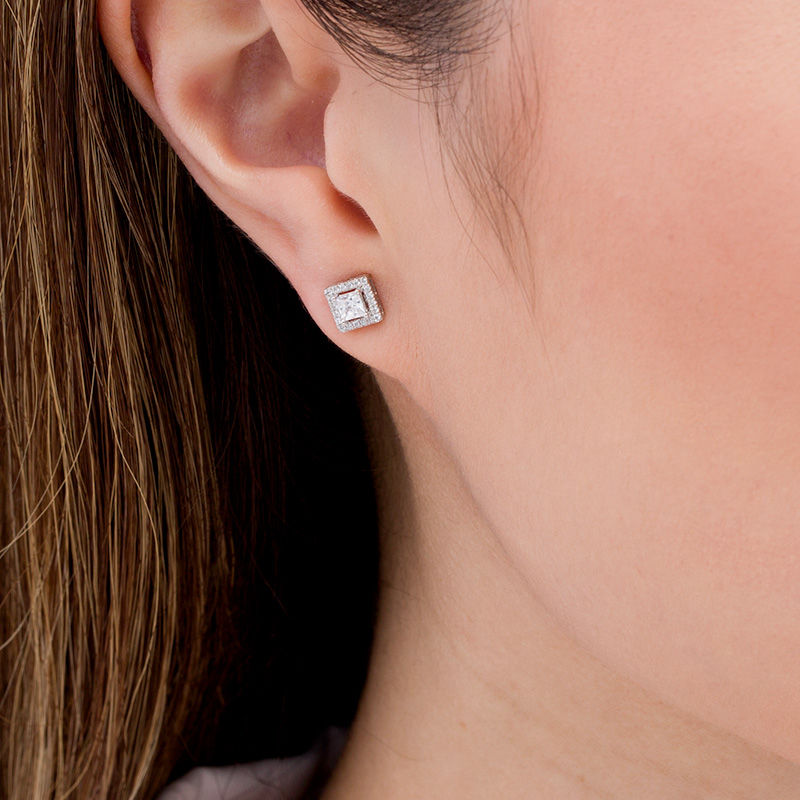 Main Image 2 of 1/2 CT. T.W. Princess-Cut Diamond Square Frame Stud Earrings in 14K White Gold