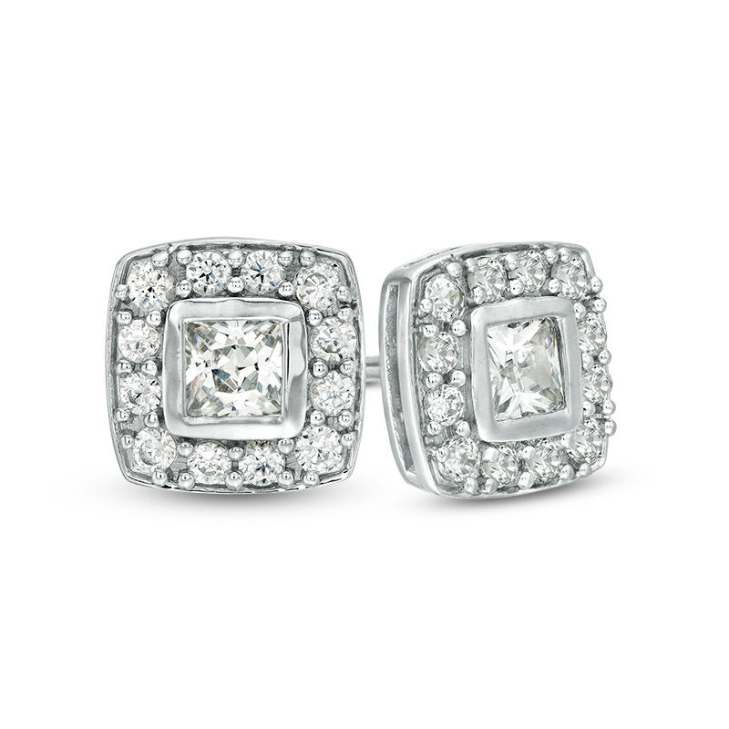 Main Image 1 of 1/2 CT. T.W. Princess-Cut Diamond Bezel Frame Stud Earrings in 10K White Gold