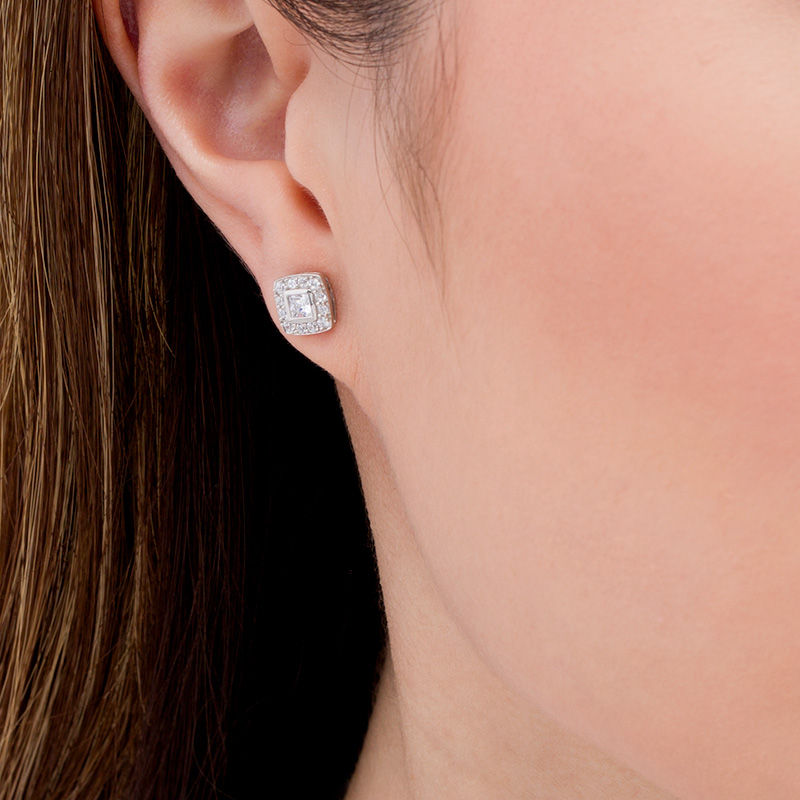 Main Image 2 of 1/2 CT. T.W. Princess-Cut Diamond Bezel Frame Stud Earrings in 10K White Gold