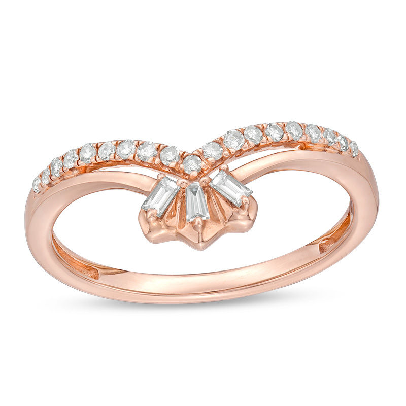 Main Image 1 of Cherished Promise Collection™ 1/6 CT. T.W. Baguette and Round Diamond Double Chevron Promise Ring in 10K Rose Gold