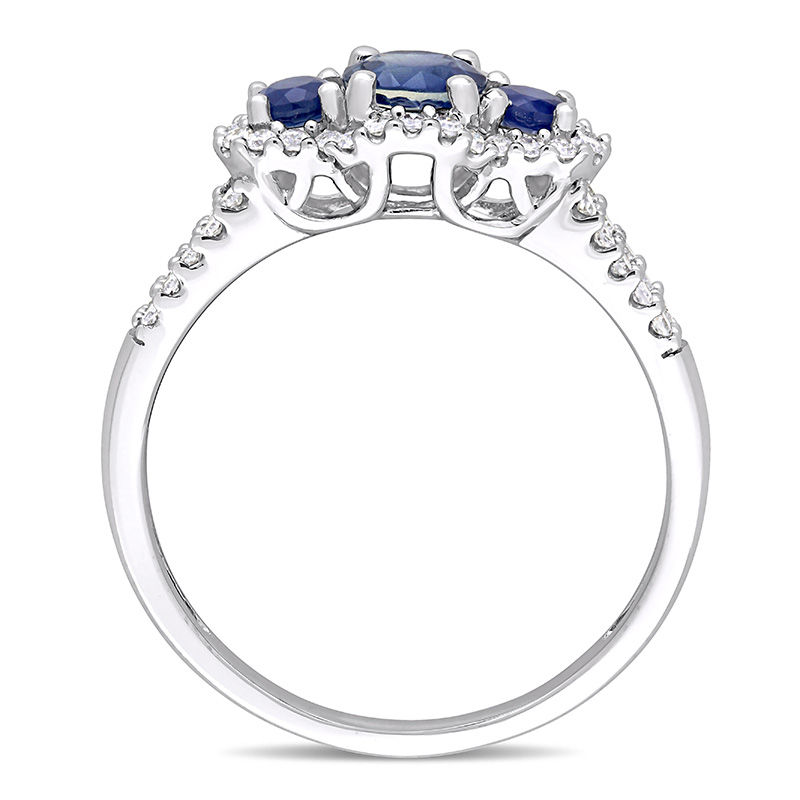 Blue Sapphire and 1/4 CT. T.W. Diamond Frame Three Stone Split Shank Ring in 10K White Gold
