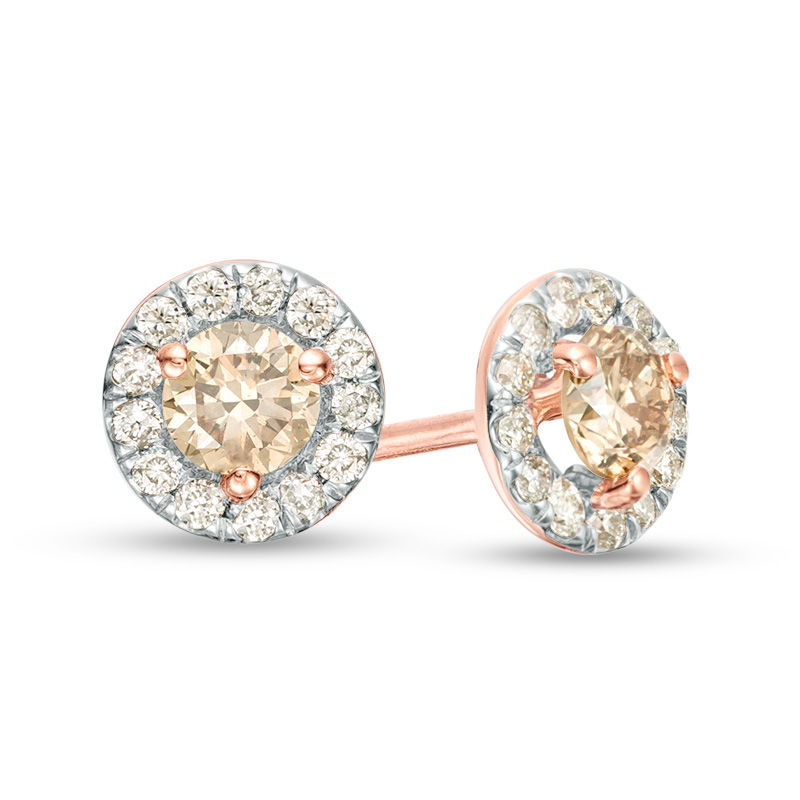 Main Image 1 of 1/2 CT. T.W. Champagne Diamond Frame Stud Earrings in 10K Rose Gold