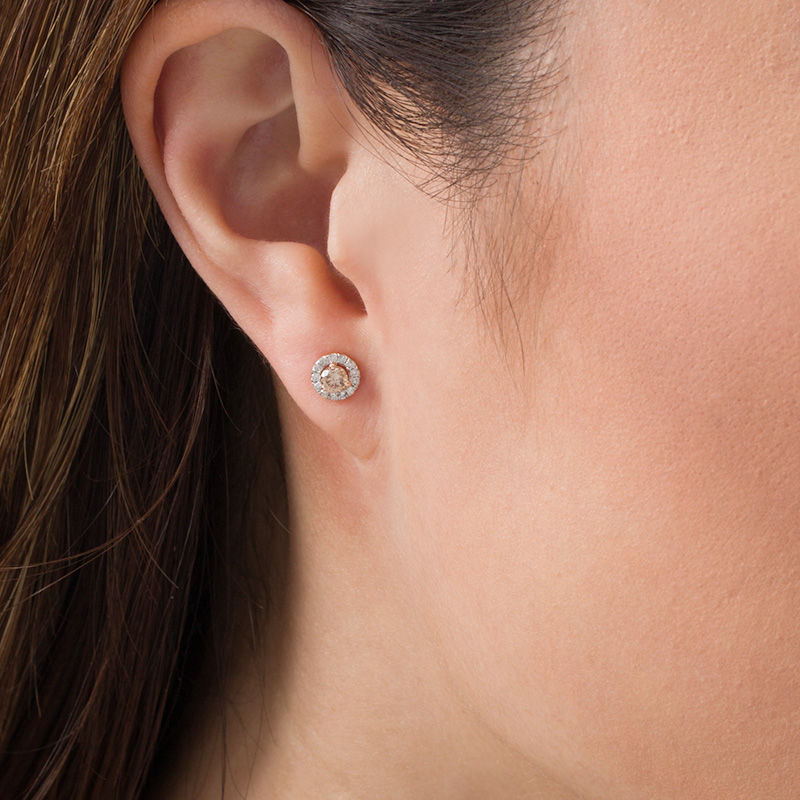 Main Image 2 of 1/2 CT. T.W. Champagne Diamond Frame Stud Earrings in 10K Rose Gold