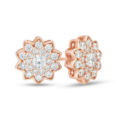 14K Gold Rose Gold or Rhodium Plated Rose Stud Earrings with Crystals 