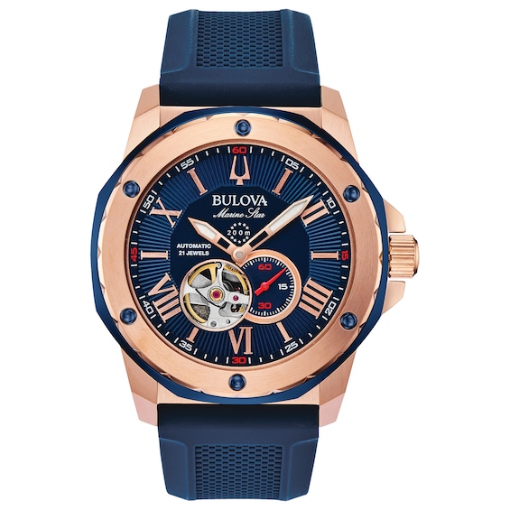 Men's Bulova Marine Star Automatic Rose-Tone Strap Watch with Blue Skeleton Dial (Model: 98A227)