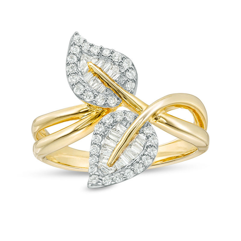 3/8 CT. T.W. Baguette and Round Diamond Bypass Double Leaf Ring in 10K Gold