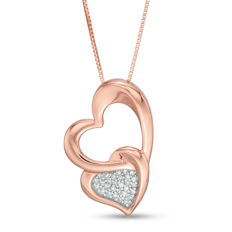 Main Image 1 of 1/15 CT. T.W. Composite Diamond Tilted Double Heart Pendant in Sterling Silver with 10K Rose Gold