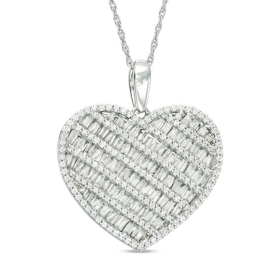 1 CT. T.w. Baguette and Round Diamond Multi-Row Heart Pendant in 10K White Gold