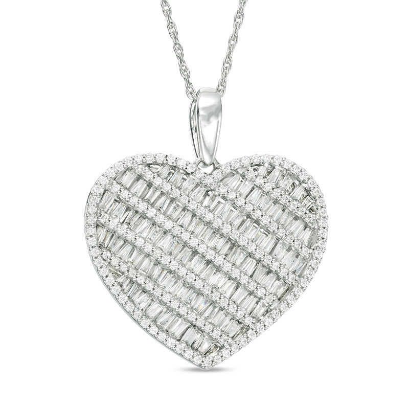 Main Image 1 of 1 CT. T.W. Baguette and Round Diamond Multi-Row Heart Pendant in 10K White Gold