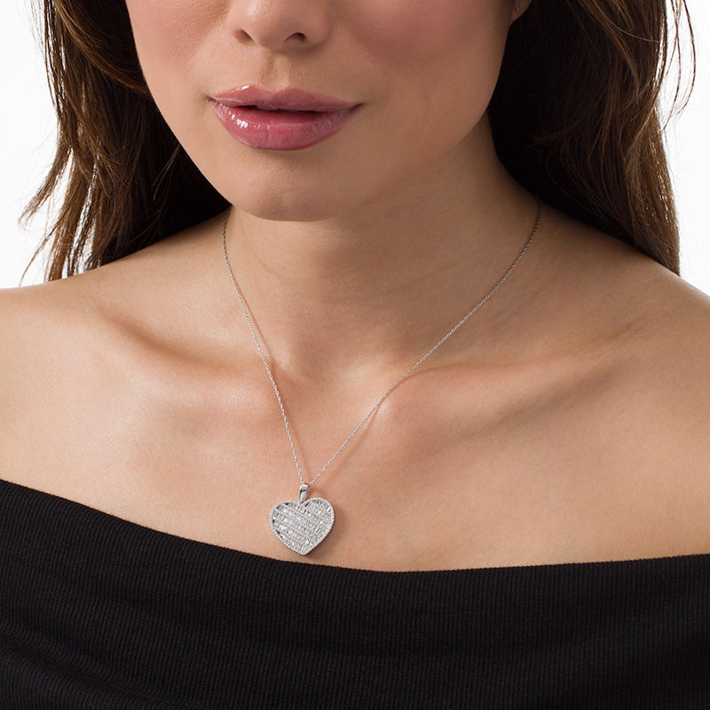 Main Image 2 of 1 CT. T.W. Baguette and Round Diamond Multi-Row Heart Pendant in 10K White Gold
