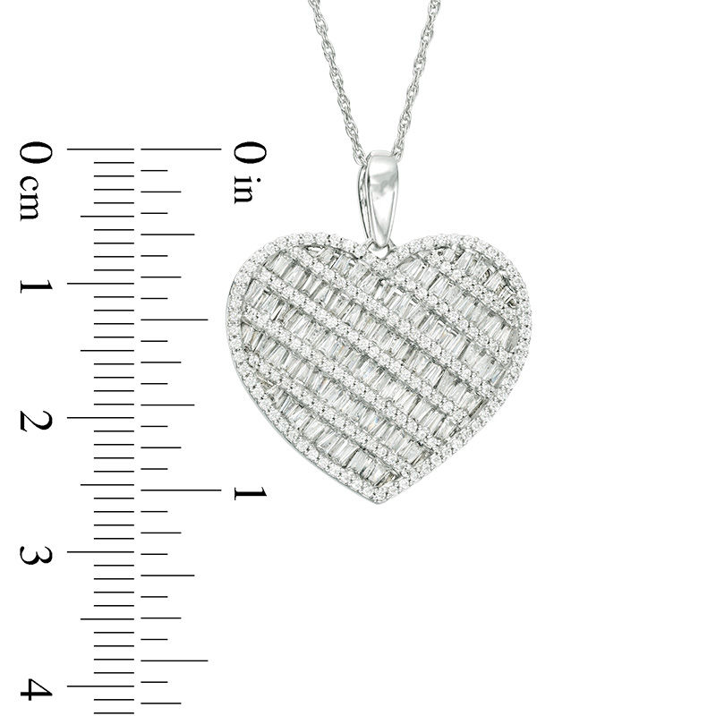 Main Image 3 of 1 CT. T.W. Baguette and Round Diamond Multi-Row Heart Pendant in 10K White Gold