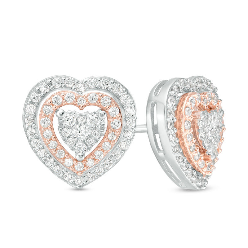 Main Image 1 of 1/2 CT. T.W. Diamond Double Frame Heart Stud Earrings in 10K Two-Tone Gold