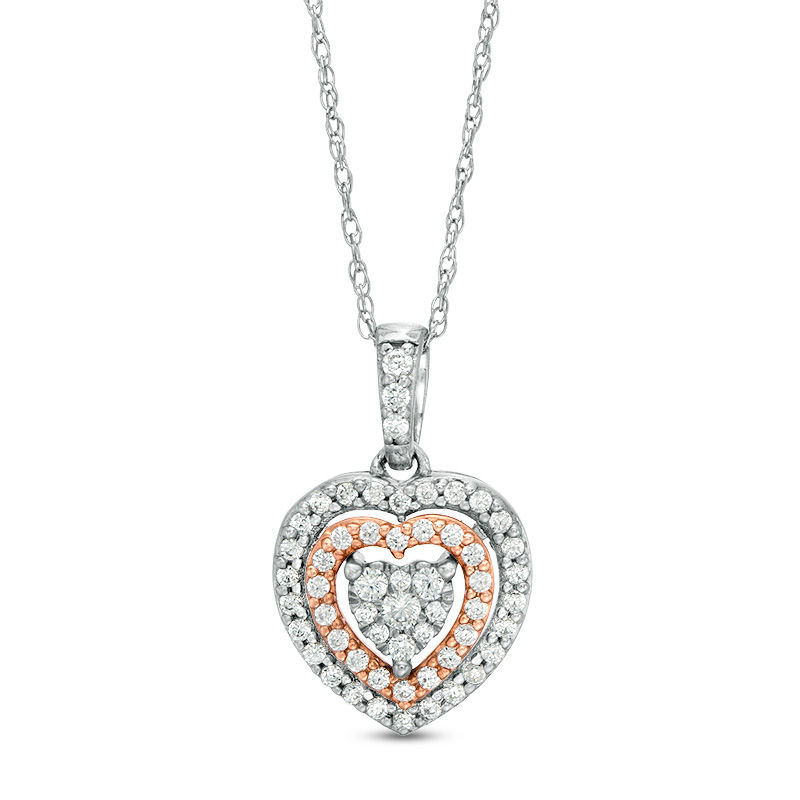 Main Image 1 of 1/4 CT. T.W. Diamond Double Frame Heart Pendant in 10K Two-Tone Gold