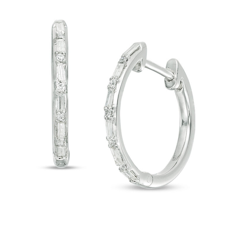 Main Image 1 of 1/6 CT. T.W. Baguette and Round Diamond Hoop Earrings in 10K White Gold