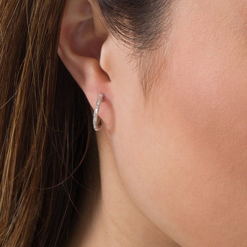 Main Image 2 of 1/6 CT. T.W. Baguette and Round Diamond Hoop Earrings in 10K White Gold