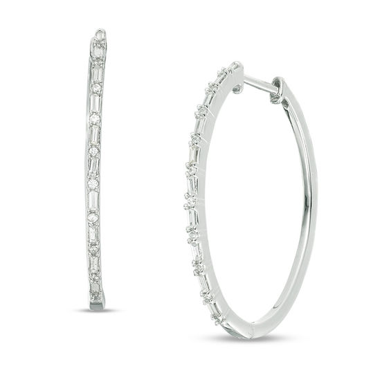 1/4 CT. T.w. Baguette and Round Diamond Hoop Earrings in 10K White Gold