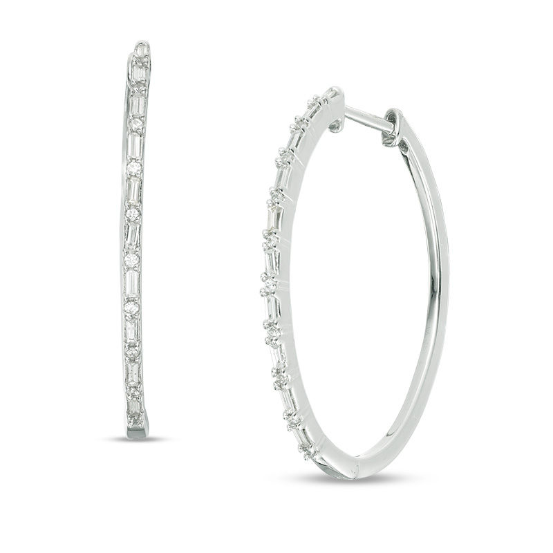 Main Image 1 of 1/4 CT. T.W. Baguette and Round Diamond Hoop Earrings in 10K White Gold