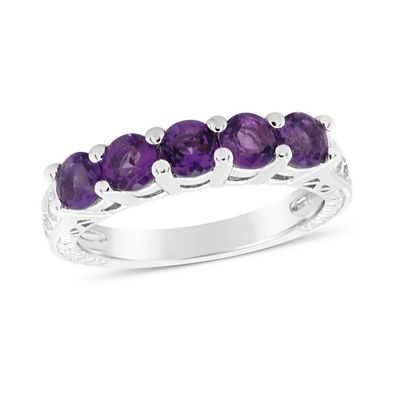 Round Cut Simulated Amethyst Five Stone Ring in 14K Gold Over Sterling Silver Round Cut Simulated Amethyst Five Stone Ring in 14K Gold Over Sterling Silver