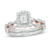 Thumbnail Image 1 of Celebration Ideal 3/4 CT. T.W. Emerald-Cut Certified Diamond Frame Scallop Shank Bridal Set in 14K Two-Tone Gold (I/SI2)