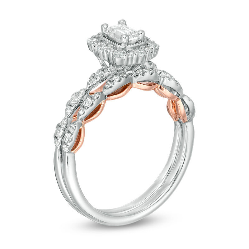 Main Image 3 of Celebration Ideal 3/4 CT. T.W. Emerald-Cut Certified Diamond Frame Scallop Shank Bridal Set in 14K Two-Tone Gold (I/SI2)