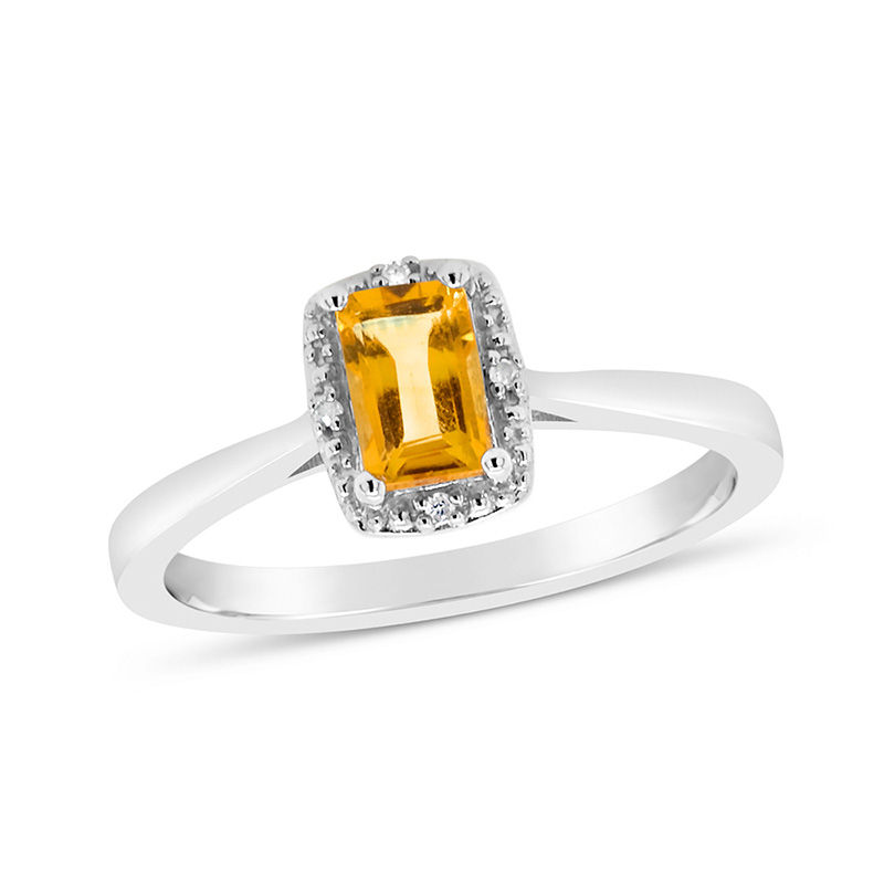 Emerald-Cut Citrine and Diamond Accent Beaded Frame Ring in Sterling Silver