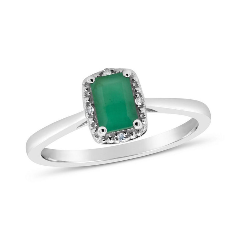 EmeraldCut Emerald and Diamond Accent Beaded Frame Ring in Sterling